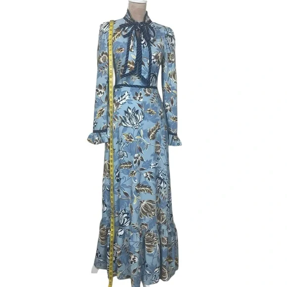 NWT BCBGMaxAzria Ashley Blue Liberty Floral Print TieNeck Long Sleeve Maxi Dress - Picture 8 of 16